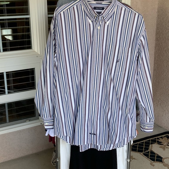 Nautica Men's Navy and White Striped Button Down Shirt - Picture 1 of 2